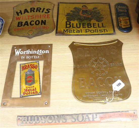 Seven mixed advertising signs for Polish, Starch, Hudsons Soap, Harris Wiltshire Bacon and Worthington largest 32 x 27cm